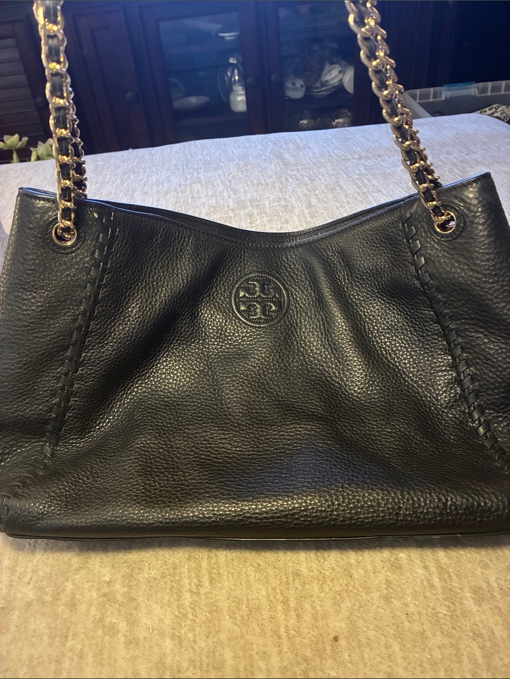 Tory Burch Black Pebbled Leather Chain-Handle Shoulder Bag